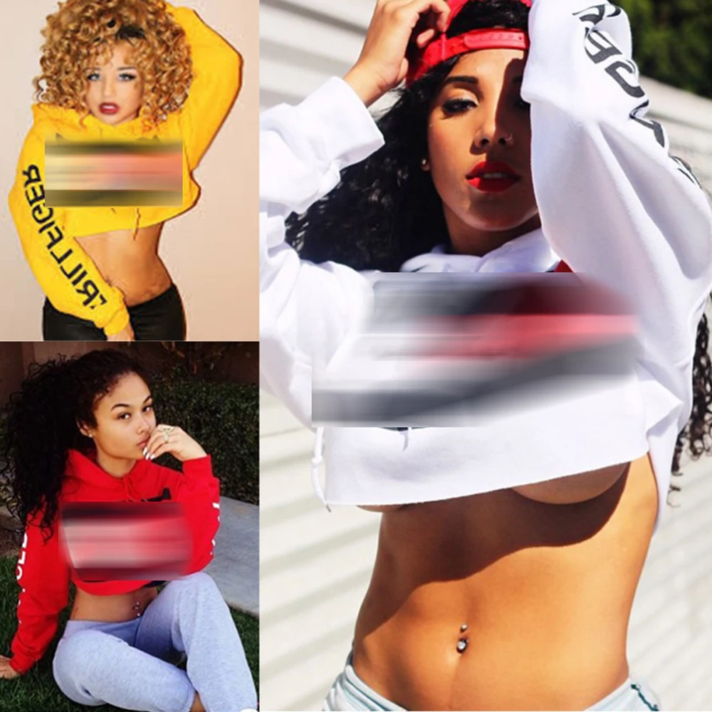 

2017 Autumn Women Street Rock-Letter Printed Cropped Long-Sleeve Exposed Navel Short Hooded Sweater Zipper Red White Yellow