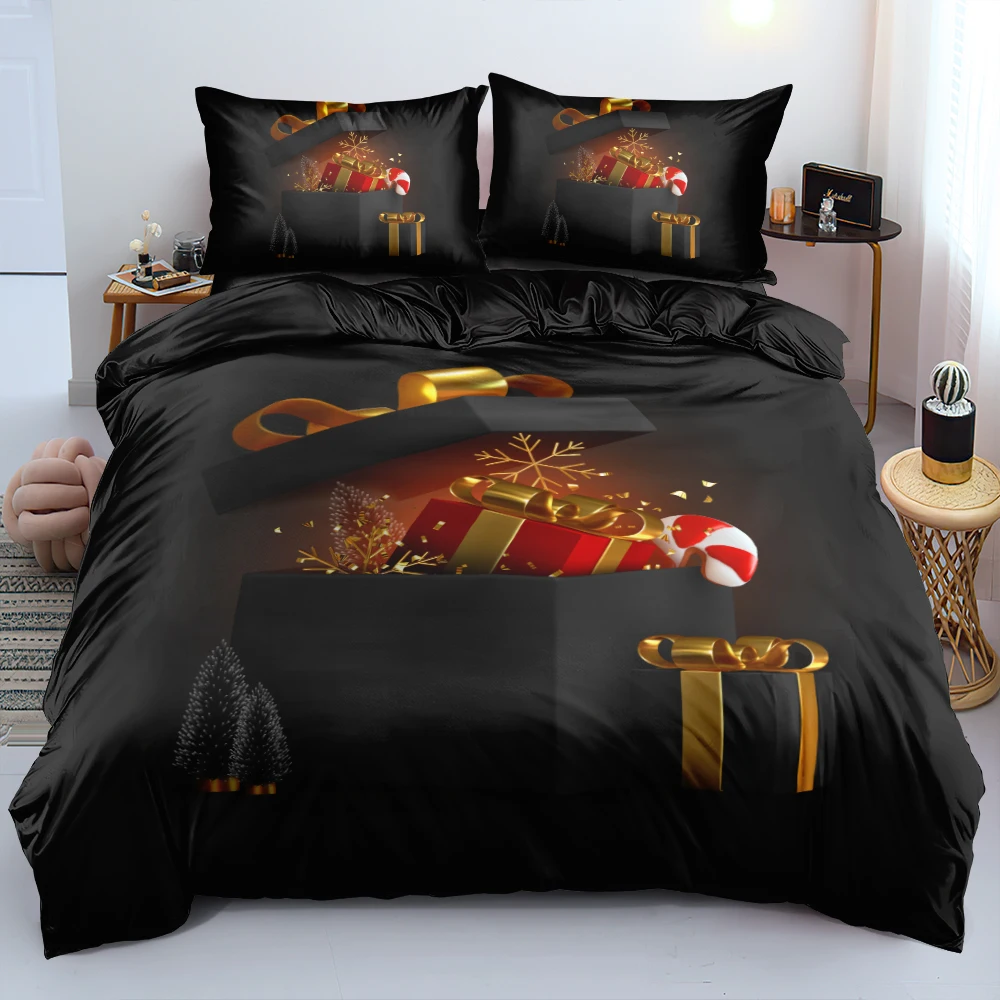 

Black Bed Linens Merry Christmas Bedding sets Gift Box Design Custom Duvet cover set Quilt covers Pillowcases King Queen size