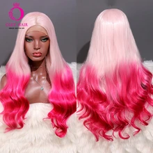 OLEY, высокая температура, синтетический парик на кружеве, длинные волнистые дешевые парики для женщин, бесклеевой, 2 тона, на каждый день/косплей, Ombre розовый парик