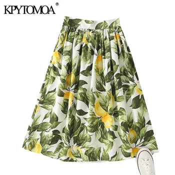 

KPYTOMOA Women 2020 Chic Fashion Floral Print Pleated Midi Skirt Vintage High Waist Side Zipper Female Skirts Faldas Mujer
