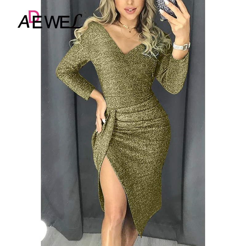ADEWEL 2019 красное блестящее платье с рюшами и разрезом до бедра для вечеринки