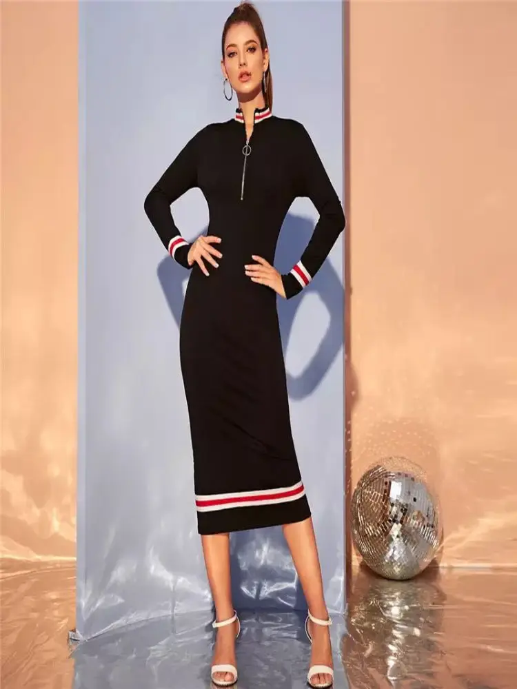 

Autumn Summer Womens 2020 Casual Slim Striped Long Sleeve Pencil Stretch Bodycon Elegant Sexy Zipper High Elasticity Dresses