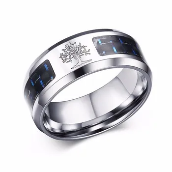 

8MM Men's Carbon Fiber Men Ring Engraved Tree of Life Stainless Steel Ring Wedding Band DAD Gifts