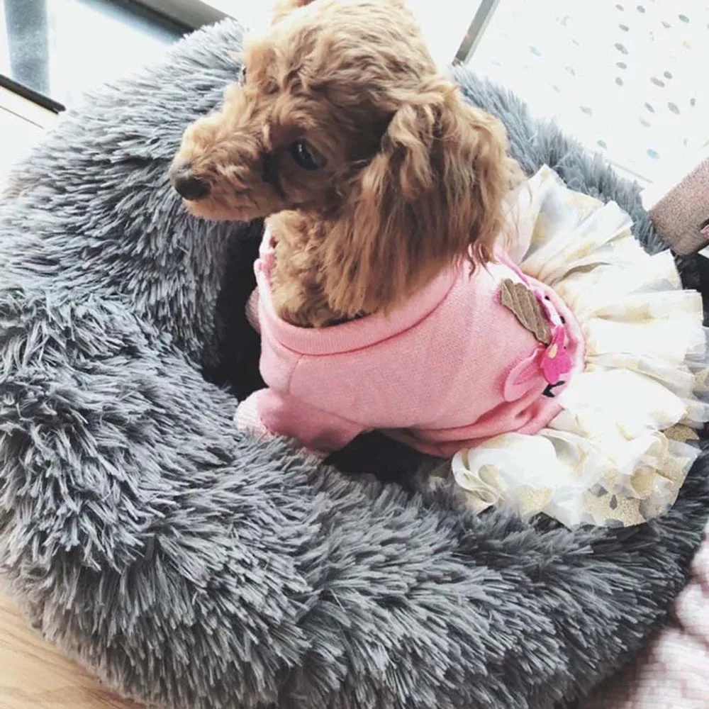  Warm Fleece Dog Bed 3 Sizes Round Pet Lounger Steps Cushion For Medium Large Dogs & Cat Winter Dog 