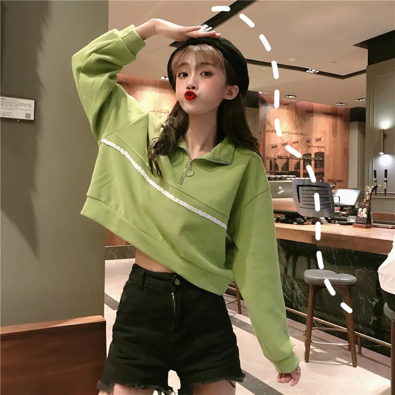 Весенне-осенний Повседневный укороченный топ, пуловеры, белые топы, женская одежда, модный бренд, корейский стиль, свитшоты со стойкой, camisa feminina