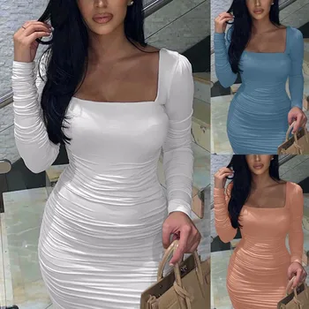 

Dress Women платье Winter Solid Color Sexy Sheath Strapless Fashion Rubber Band Long Sleeve Hip Fold Casual Mini Dress Free Ship