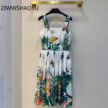 

ZIWWSHAOYU Summer Women Backless Spaghetti Strap Dresses Runway Designer Ladies Animal Print Button Vintage Midi Dress Outwear
