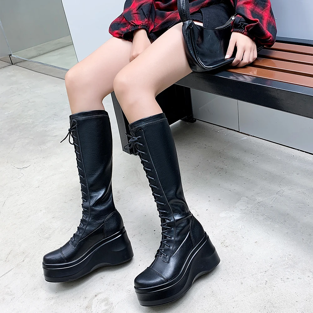 

Knee-High Boots Shoes Women Wedges Waterproof Platform Black Winter and White Cross-tied Motorcycle Boot Solid Round Toe E234L