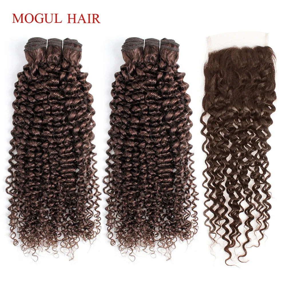 MOGUL HAIR Jerry Curly Hair Bundles With Closure 2/3 Bundles With 4x4 Lace Closure Dark Brown Remy Human Hair weave Extension