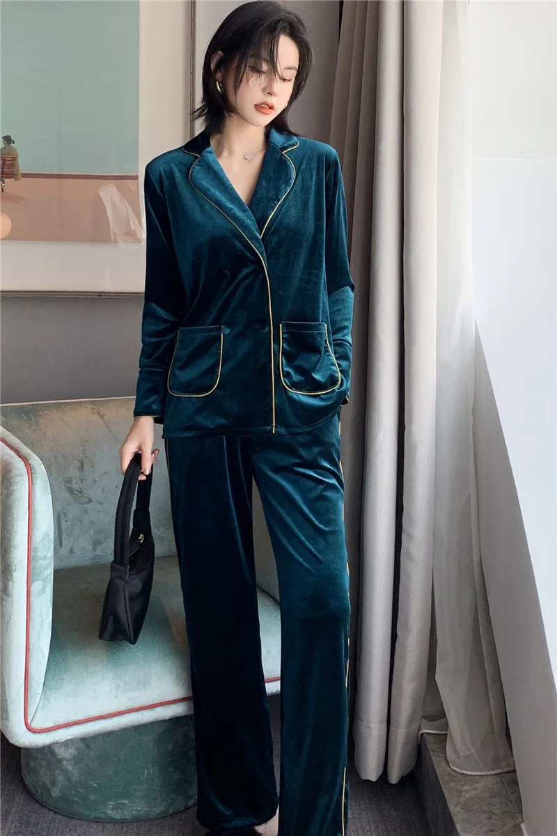 Женская теплая Пижама на осень и зиму, мягкая элегантная домашняя пижама из бархата золотого цвета, комплекты с длинным рукавом и штанами высокого качества, комплект одежды для сна - Цвет: Peacock Blue