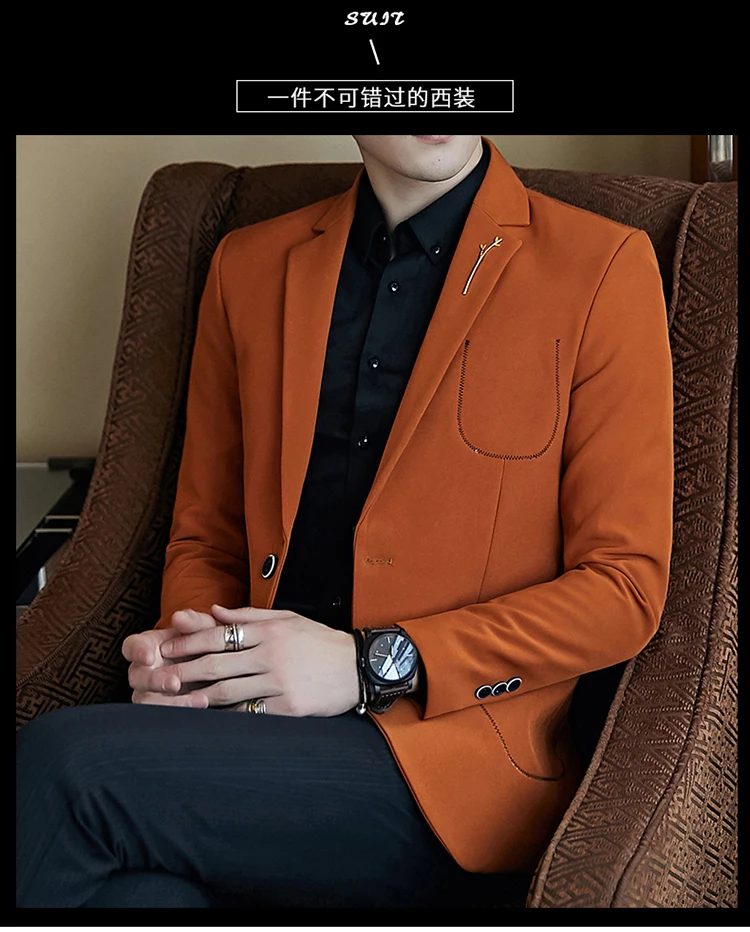 Качественный Мужской Блейзер однотонного цвета повседневный Свадебный костюм модный мужской Тонкий деловой офисный пиджак на одной пуговице M-5XL
