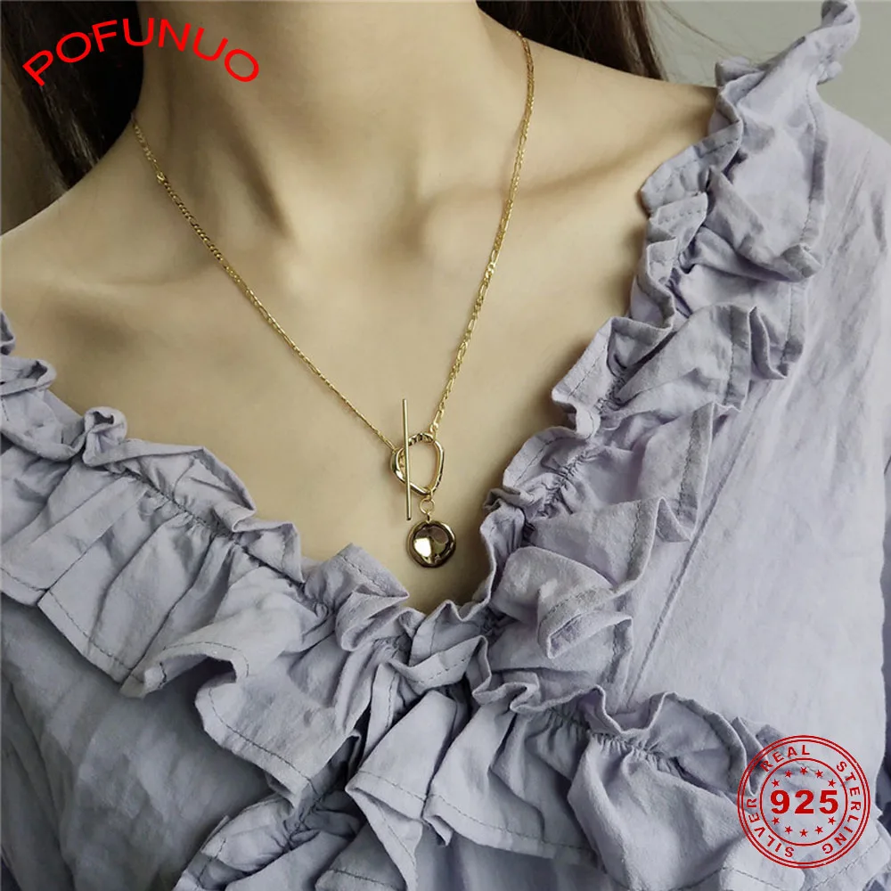 POFUNUO 925 Sterling Silver Heterotypic Geometric Necklace Unique Design OT Buckle Clasp Gold Round Pendant European | Украшения и