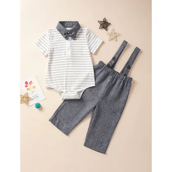 

2PCS Newborn Toddler Kids Baby Boy Short Sleeve Striped Romper Tops Overalls Bib Pants 2020 Summer New Fashion Clothes