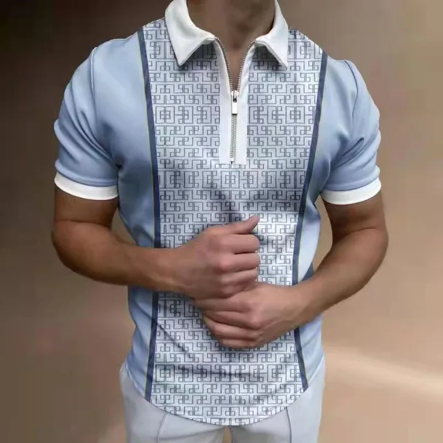 Shirt Fashion Striped Patchwork Short Sleeve Tops For Men Casual Turn-down Collar Zip-up Polo Shirts 2021 Summer Men's Slim Polo PLS-31