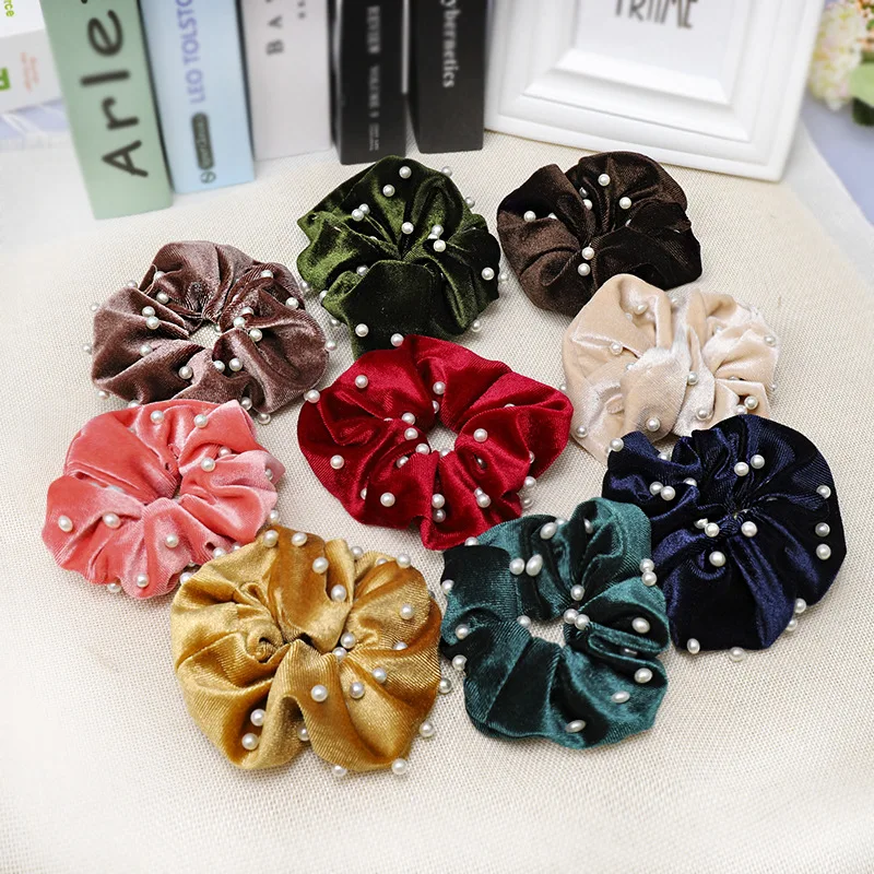 

new CN Hair Accessories Pearl Gold Velvet Scrunchie For Girls Solid Elastic Hair Bands For Women Large Intestine Hair Ties