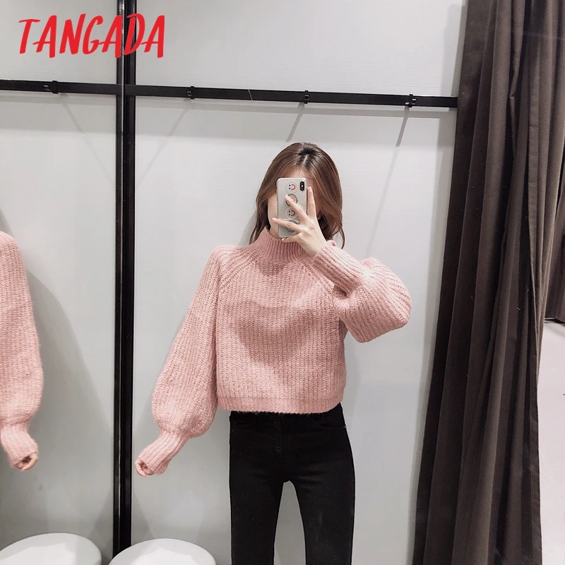 Cena Tangada korea chic puff rękawem sweter z golfem dla kobiety krótki styl panie cukierki kolor słodkie dzianiny jumper topy 3H51