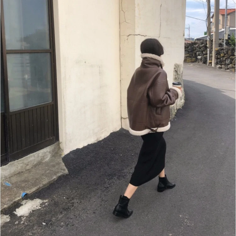 RICININA, женская кожаная куртка, зима, на молнии, из кусков, теплая, свободная, негабаритная, кашемировое пальто, женские куртки, повседневная верхняя одежда