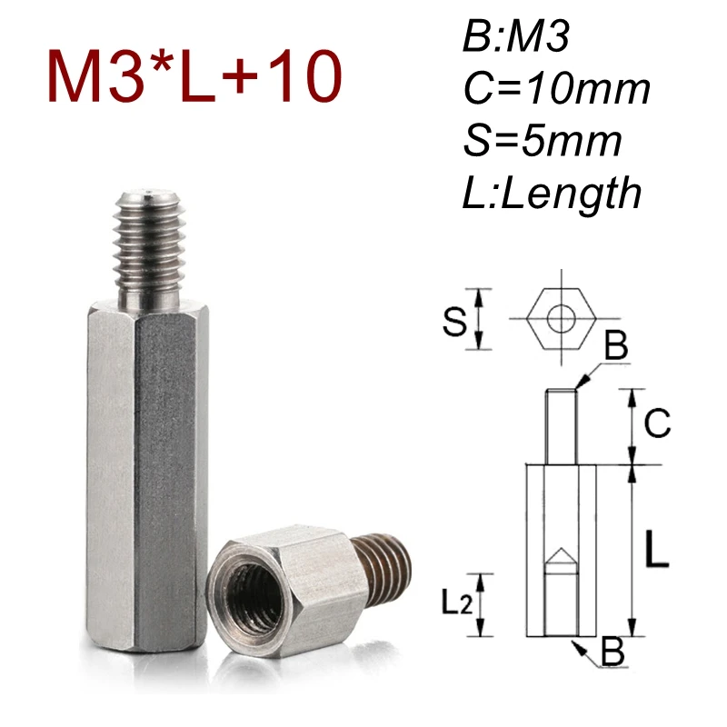 M3*L+10 Stainless steel Standoff Spacer Female Male Spacing Screws Threaded hex spacer | Обустройство дома