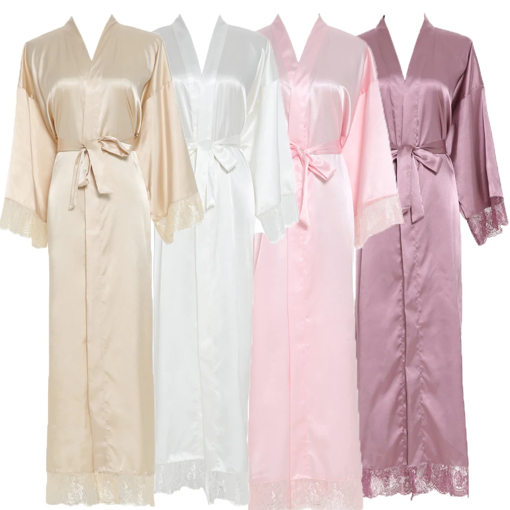 Женское сексуальное длинное простое кимоно для невесты, шелковый халат, атласное платье для сна, свадебное платье, халат, кружевной халат, женские длинные платья