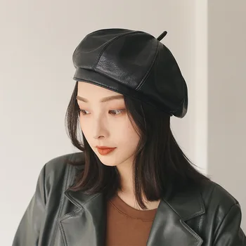 

Autumn and winter England hat female retro pu leather beret hipster Korean students wild Japanese octagonal hat painter hat