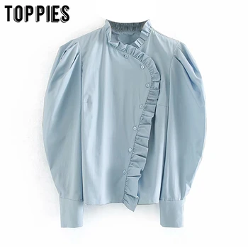 

vintage blue gothic shirts women puff sleeve blouses tops pleated ruffles tops asymmetrical button