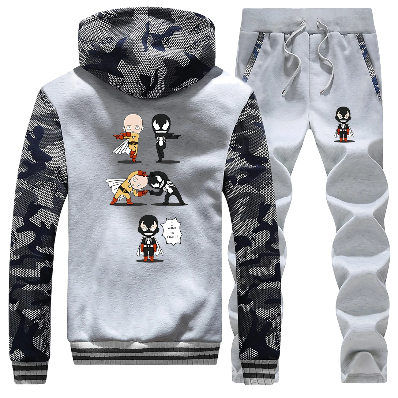 Winter Cartoon One Punch Strongest Host Ever Coat Thick Suit Camouflage Sportswear Mens Warm Jackets+Pants 2 Piece Set