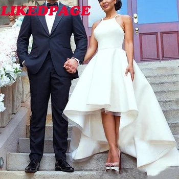 

LIKEDPAGE Modest Simple Wedding Dresses Hi Low Halter Neck Satin A-Line Sleeveless Cheap Wedding Party Formal Beach Bridal Gowns