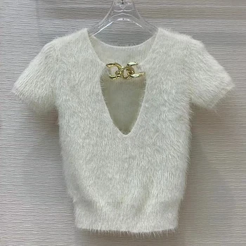 

Chain Decoration Plush Short Sleeve T-Shirt Top Women's Chest Cut-Out 2020 Early Autumn New Ins Fashion Trend