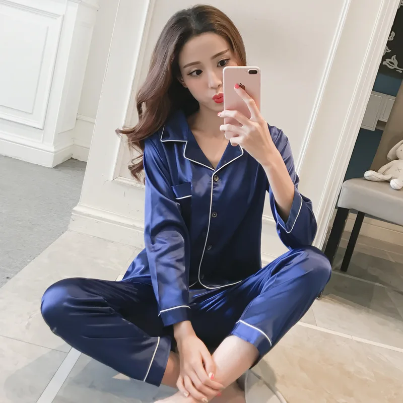 

Long Sleeve Pajamas Women's Viscose Long-sleeve Suit Spring And Autumn Cardigan Thin Model Silk-Outer Wear Celebrity Style Home
