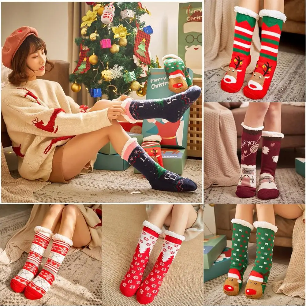 Зимние теплые рождественские женские носки из толстого хлопка с принтом милые женские нескользящие носки-тапочки носки для ковров Chaussettes Femmes