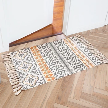 

Cotton Linen Tassel Home Weave Carpets Welcome Foot Pad Bedroom Study Room Floor Rugs Prayer Mattress