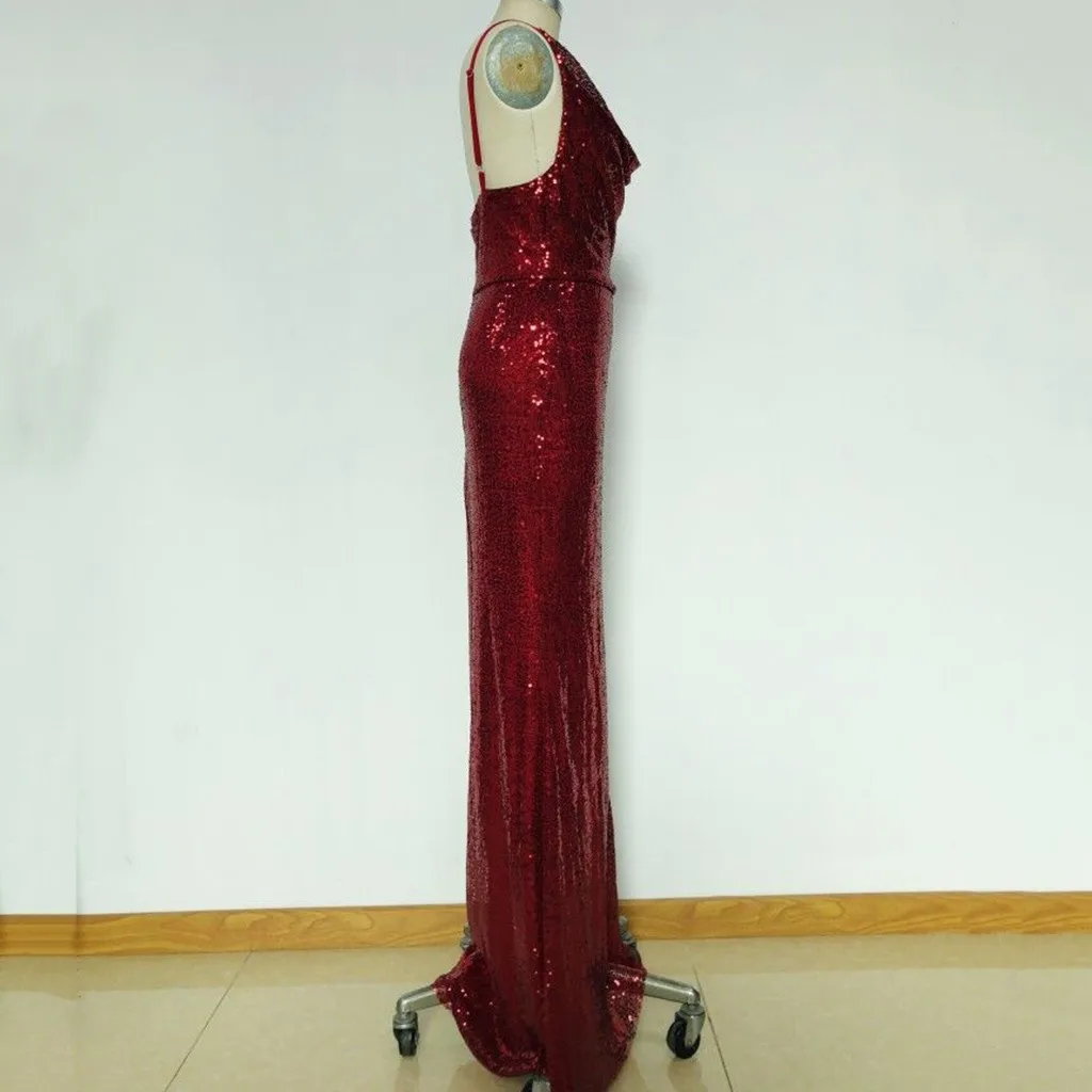 Женское облегающее длинное платье с блестками, Красное Длинное Платье на бретельках, женское сексуальное платье без рукавов с v-образным вырезом, пикантное облегающее платье#1028g30