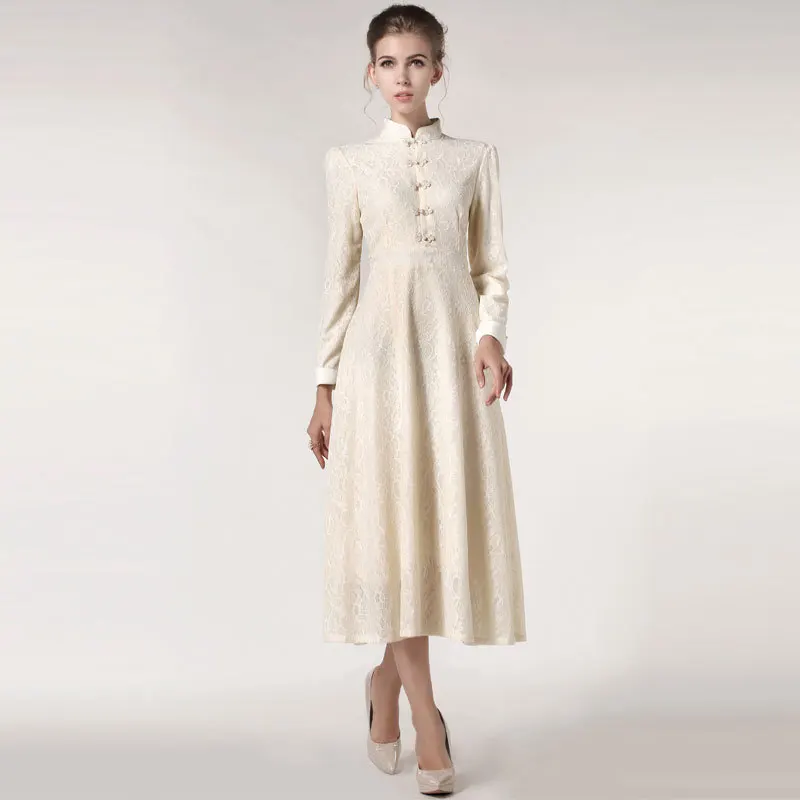 

6082 # Spring New Style WOMEN'S Dress Stand Collar Lace Frog Retro Dress Long Skirts