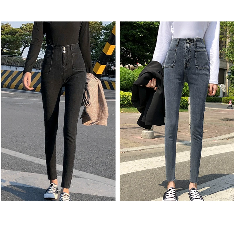 

Spring Autumn street pocket High waist Ankle pants Washed jeans Ladies woman student Street Fashion Zipper button Solid color