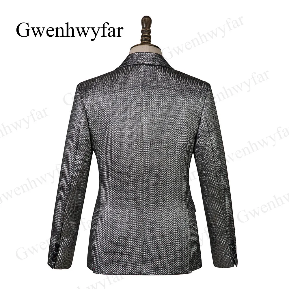 Gwenhwyfar, серебристо-серый мужской костюм, брендовый костюм, комплект с блейзером, для свадьбы, вечеринки, шоу, блестящий, облегающий, черный, с отворотом, мужские вечерние смокинги