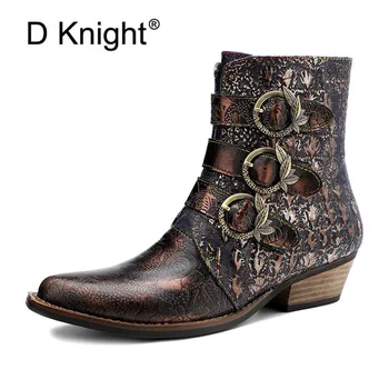 

2019 New Winter Casual Ankle Boots Shoes For Woman Genuine Leather Print Retro Female Western Boots Classic Lady High Heel Boots