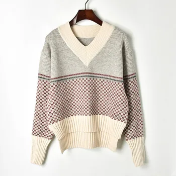 

Spring Autumn Retro Front Short Back Long V-neck Back Crab Jacquard Sweaters Tops Knitted Pullover Women's Sweater TA81115