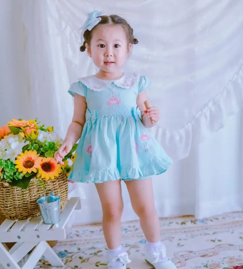 miayii roupas do bebê espanhol lolita shorts manga bordado impressão vestido de baile festa aniversário da páscoa princesa vestido para menina