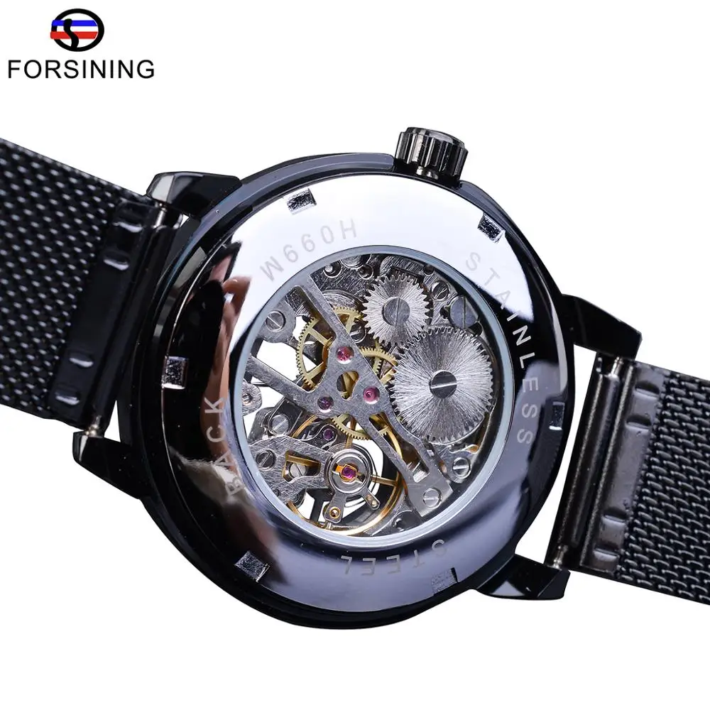 Forsining Retro Fashion Design Skeleton Sport Mechanical Watch Luminous Hands Transparent Mesh Bracelet For Men Luxury
