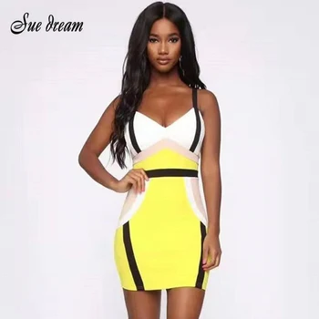 

2020 New Summer Women's Yellow Spaghetti Strap V-neck Sexy Mini Bandage Dress Bodycon Celebrity Cocktail Party Dress Vestidos