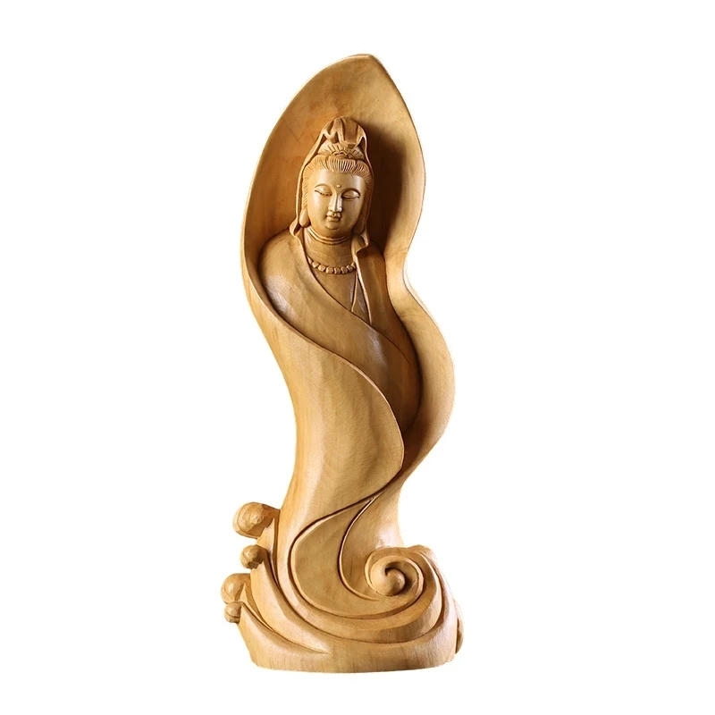 

12CM Sea Wave GuanYin Exquisite Buddha Carving Statue God Handmade Solid Boxwood Craft Feng Shui Decoration Wood Buddhism Decors