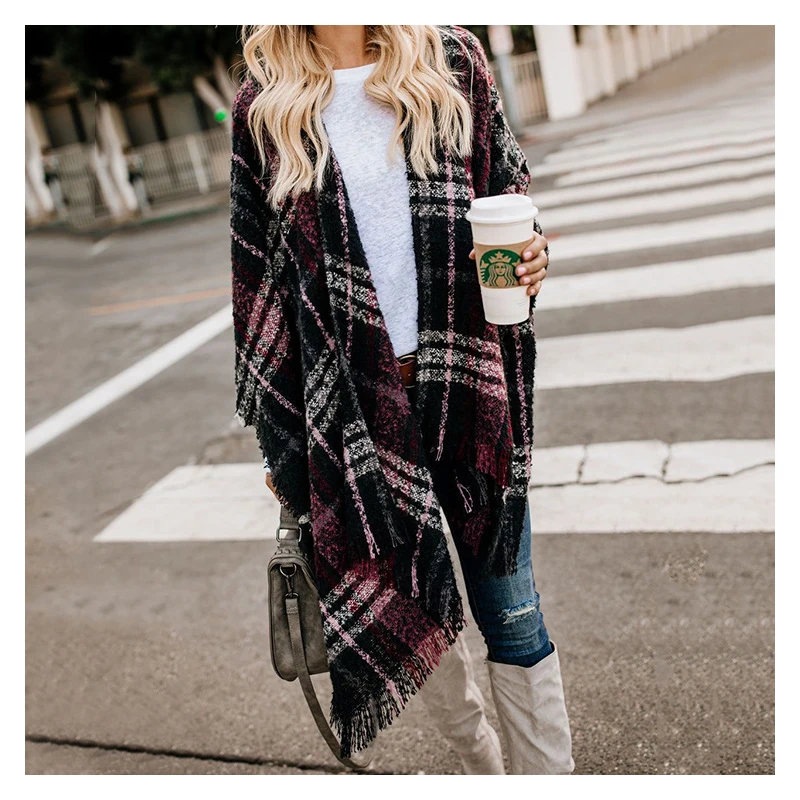 

Women Sweater Knitted Jumpers 2020 Autumn and Winter Casual New Sweater Cardigan Color Contrast Check Fringed Sweater Female