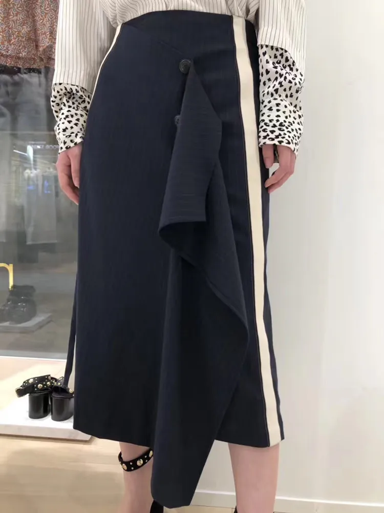 

Hit Color Stripe Irregular Skirt Lady Casual High Waist Button Asymmetric Midi Skirt