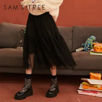 

SAM'S TREE Black Polka Dot Contrast Mesh Casual Midi Pleated Skirts Women 2020 Summer High Waist Korean Ladies Daily Work Skirt