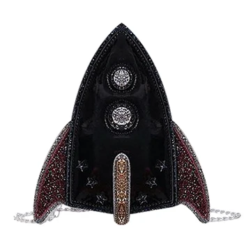 

QZUnique Women's PU Leather Shoulder Bag Handbag Crossbody Rocket Airship Sequins Laser Splicing Chain Black