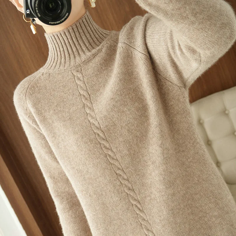 Thick Dress Warm Wool Long Sweater Women Autumn Winter  Turtleneck Over-The-Knee Cashmere Knitted Dress Large Size Solid Dresses 5