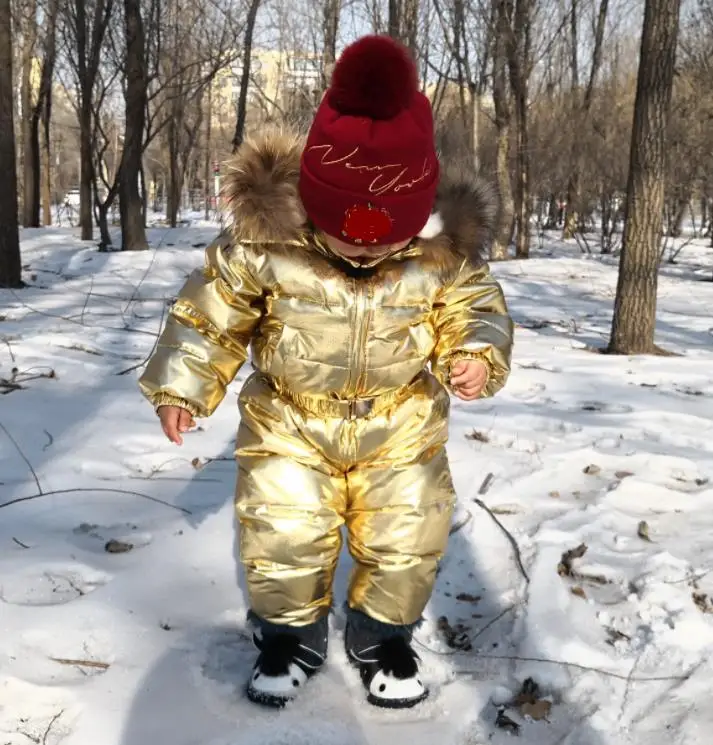 Новое поступление-35 градусов, белый Пуховый комбинезон детская одежда детский зимний комбинезон пуховая куртка, пальто для девочек и мальчиков, одежда - Цвет: Золотой