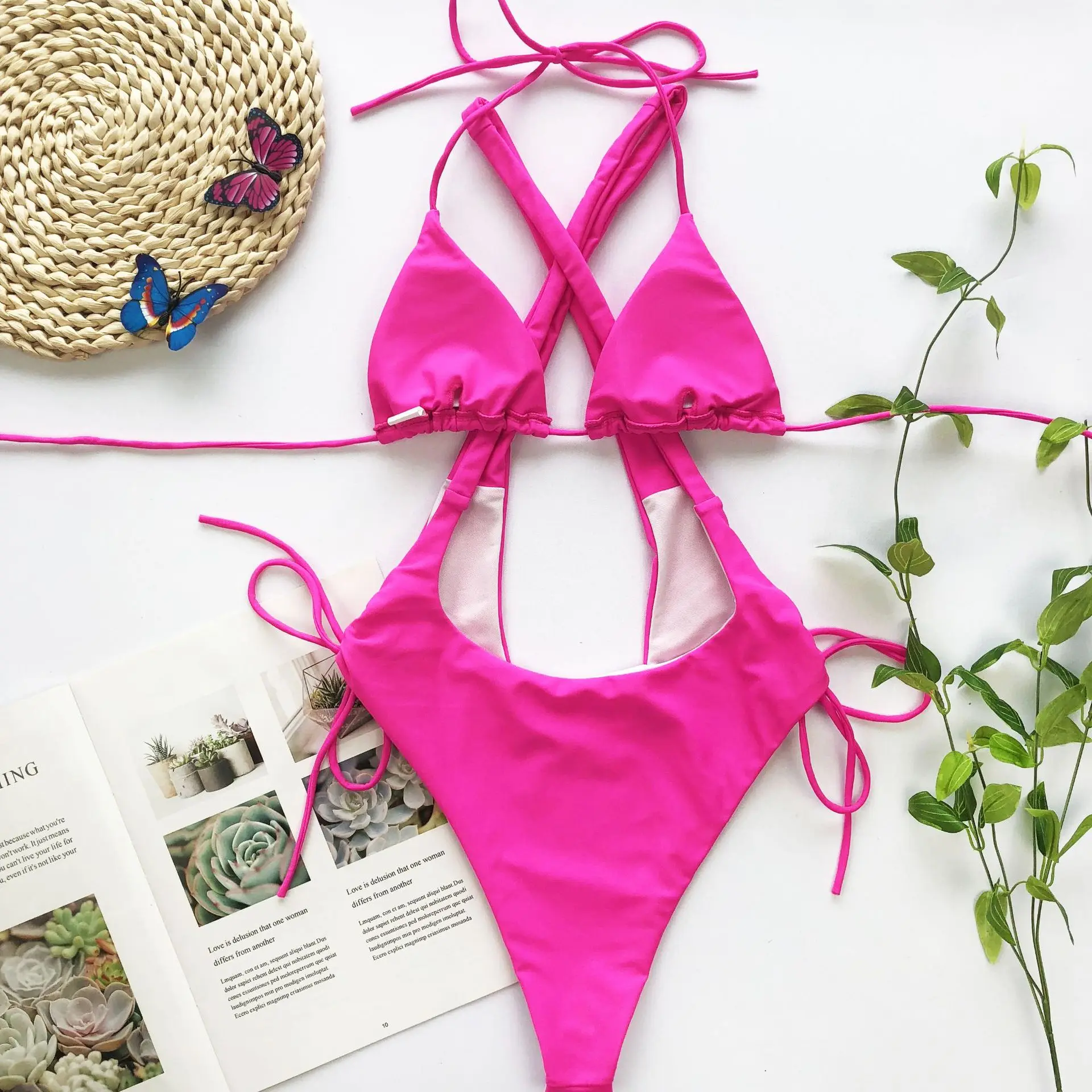 Cut Out Swimsuit One Piece Swimsuit Sexy String Swimwear for Women High Leg Solid Swimming Suit Backless Two Piece Thog Swim
