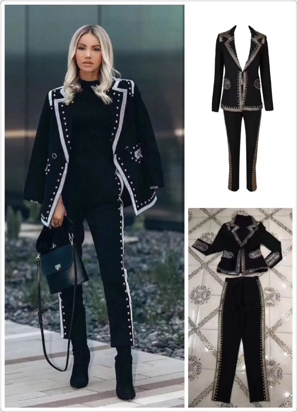 

High Quality Black Mantual Beading Long Sleeve 2 Pieces Set Rayon Bandage Set Cocktail Party Set