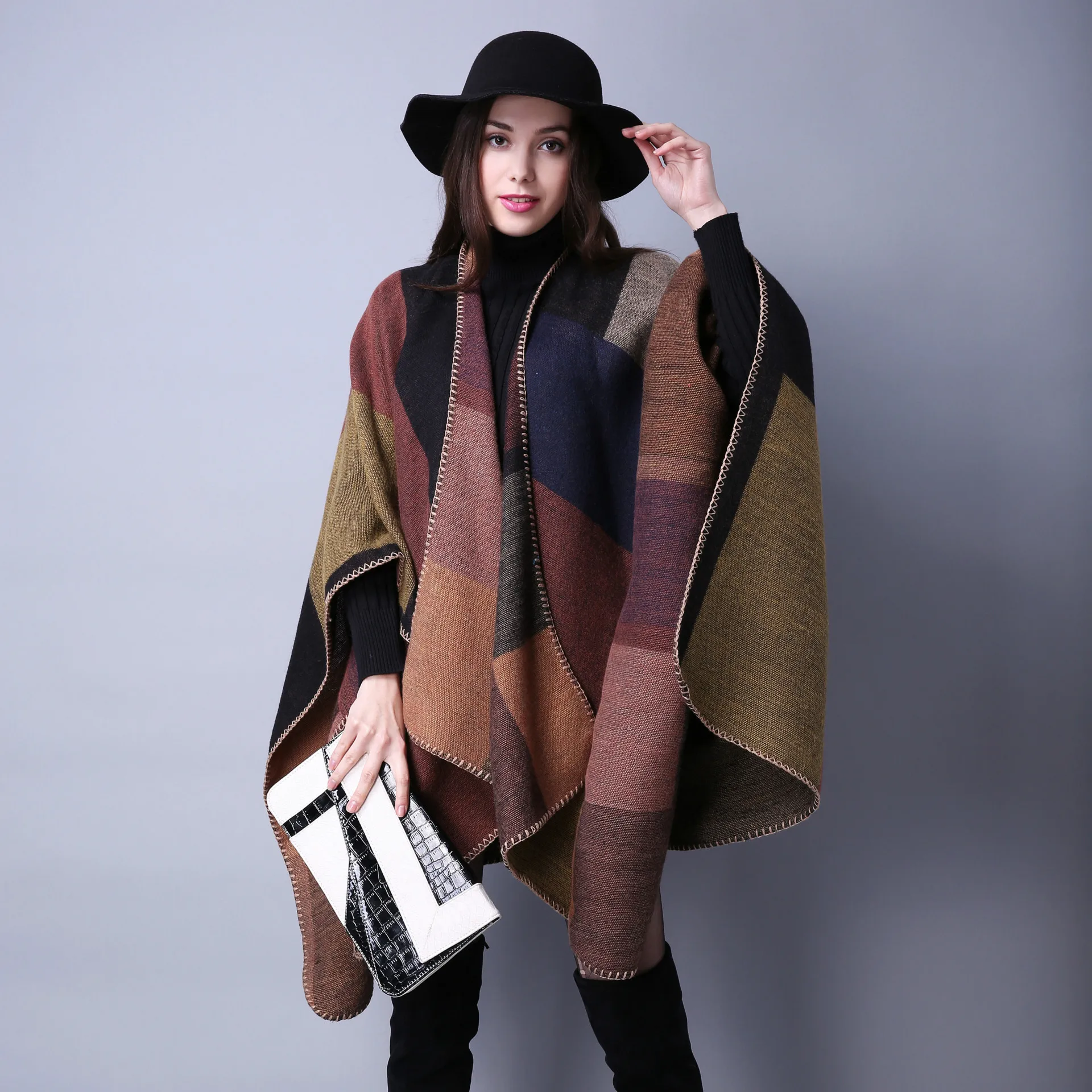 

Women's Winter Reversible Oversized Blanket Plaid Sweater Poncho Cape Shawl and wraps Cardigans Thicken warm pashmina scarf